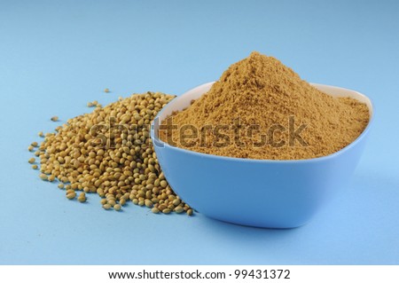 Heap Coriander Seeds and Coriander powder in blue bowl