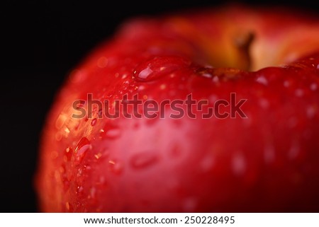 Red organic apple with water drops on a black background. Macro water drops