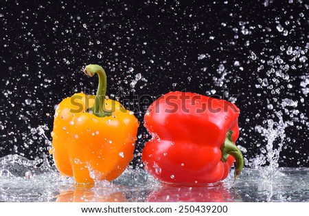 Macro drops of water fall on the red and yellow pepper and make splash