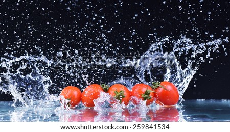 Macro drops of water fall on the red cherry tomatoes and make splash