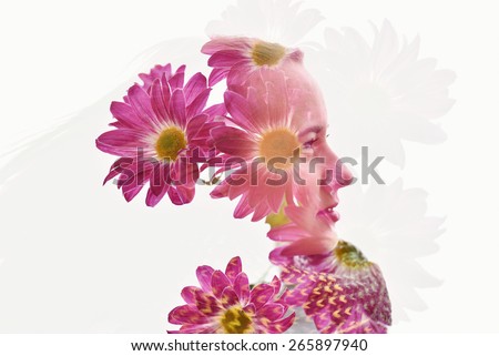 Double exposure photograph of beautiful woman and flowers
