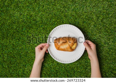 Hands holding empty paper plate with bun on grass