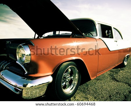 stock photo Classic American car with it's hood up Vintage Car