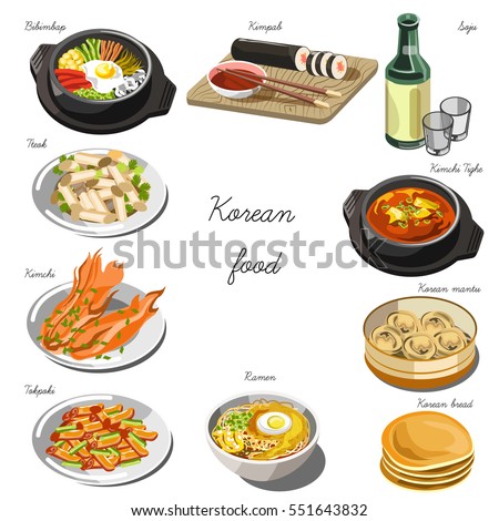 Korean cuisine set. Collection of food dishes for the decoration of restaurants, cafes, menus. Vector Illustration. Isolated on white.
