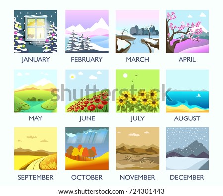 Four seasons month nature landscape winter, summer, autumn, spring vector flat scenery