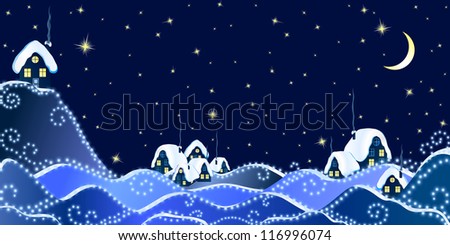 Christmas Landscape of winter night in village