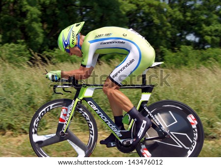SOBOTKA, POLAND - JUNE 20: Maciej Bodnar racing in Time Trial of the Polish Championship    in road cycling on June 20, 2013 in Sobotka, Poland