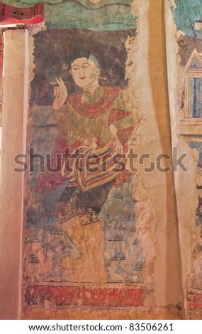 old mural to show lifestyle of thai people on the wall of temple, Thailand