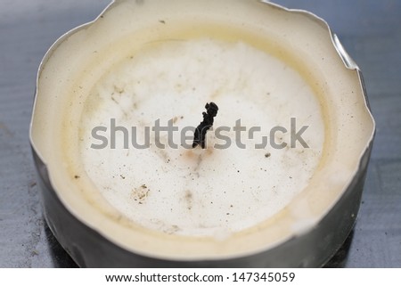 A white tealight candle with a burnt wick and melted wax
