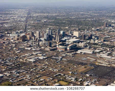 Arizona capital city of Phoenix; bird-eye view of downtown