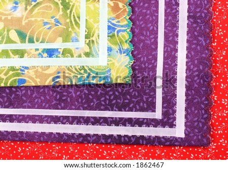 Different color and pattern fabrics with ribbon decoration