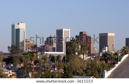 stock photo : Skyscrapers and Single Family Houses Roofs in Downtown of Phoenix, AZ