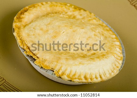Beef pot pie with golden pastry crust on plate