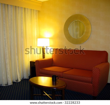 Sofa, Coffee Table, Mirror and Soft Light Lamp