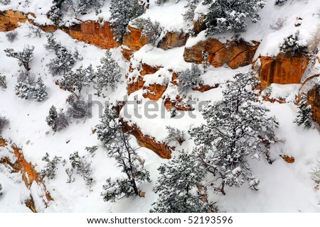 Snow covered Mother Point rocky walls, Grand Canyon National Park, Arizona