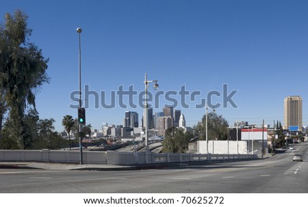 Cityscape of Los Angeles downtown with clear blue sky, California