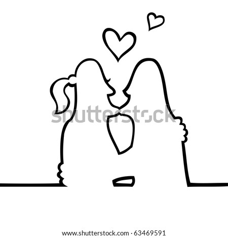 stock vector : Black and white drawing of two people kissing intimately, 