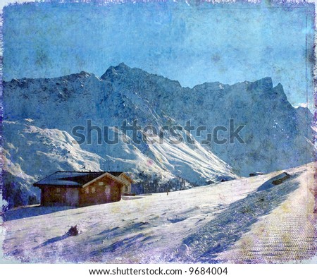 illustration of two simple houses on a mountain in the central european alps on a freezing winter\'s day