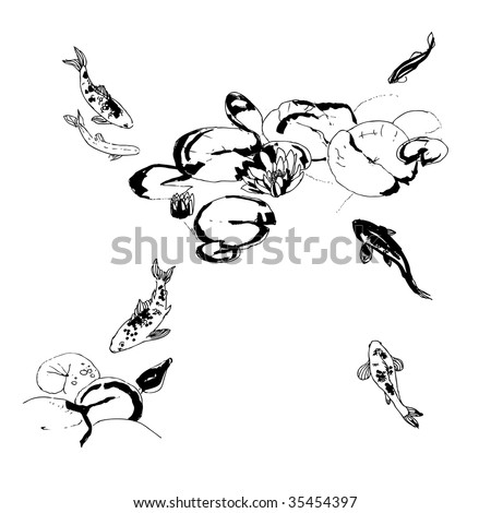 stock vector Koi fish under lotus flowers color retrostyled picture