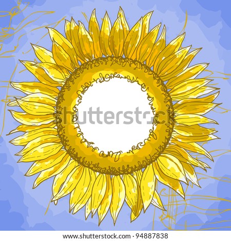The contour drawing flower sunflower against a blue background. Can be used as background for invitation cards.