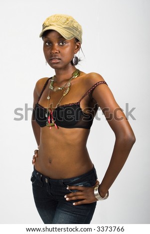 stock photo Cute African girl in jeans fancy cap people diversity 