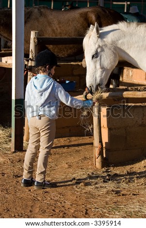 Small girl feeding the horse, people diversity series,