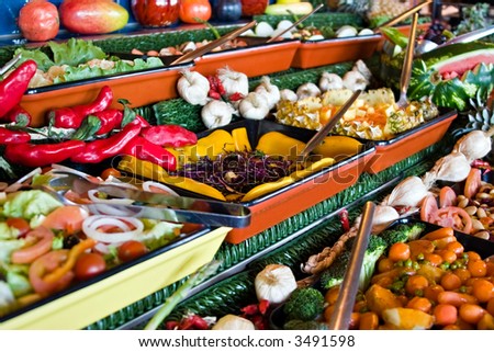 fresh vegetable and fruit salads restaurant display, food series