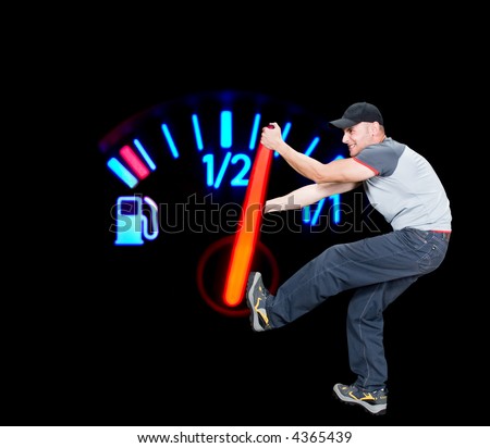 Angry man pulling the fuel needle, global warming conceptual,  gauge in macro mode,