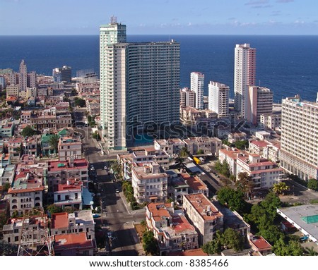 Top view of modern buildings, mixed with the old 70-s style, seashore in Havana Cuba.