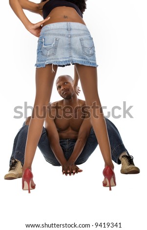 stock photo African American peeping up skirt typical men girl slapping 