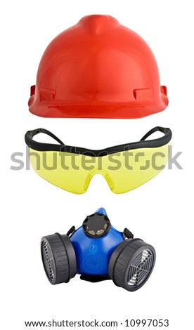 Protective workwear  combination of construction helmet, general glasses and dust mask