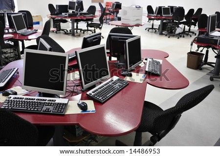Networked desktop computers in a college modern laboratory.
