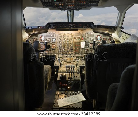 pilot cockpit in an passenger commercial airplane