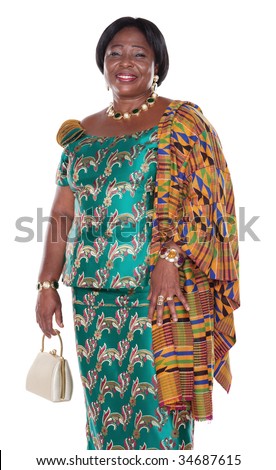 Fashion Wear on Woman With Traditional Ghana Clothing  Green Dress And White Handbag