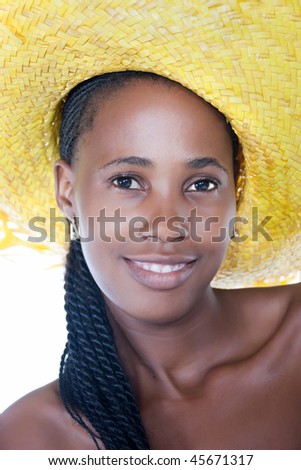 stock photo african girl with braids hairstyle and yellow straw hat
