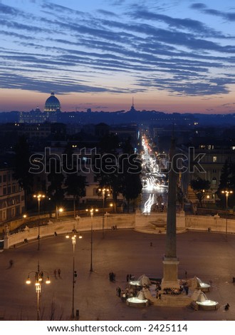 A view of Piazza del Popolo in Rome, Italy at sunset