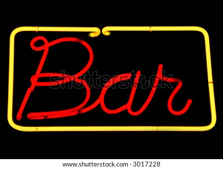 A neon fluorescent bar sign on a black background