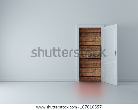 white room with opened door to wood wall
