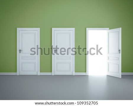three open doors in green room