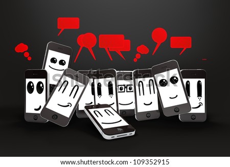group mobile phone smileys with red speech bubbles