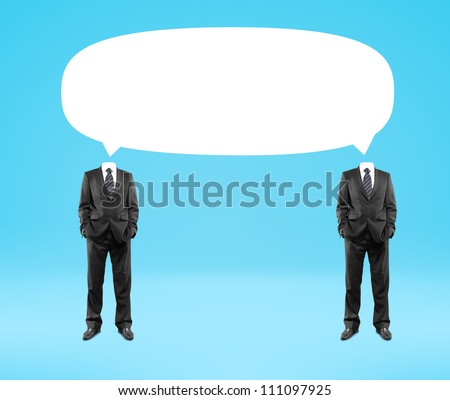 two man with  bubbles speech instead of head  on blue background