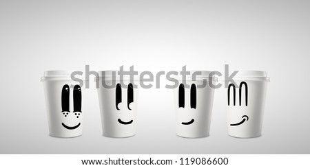 four happy paper cup of coffee