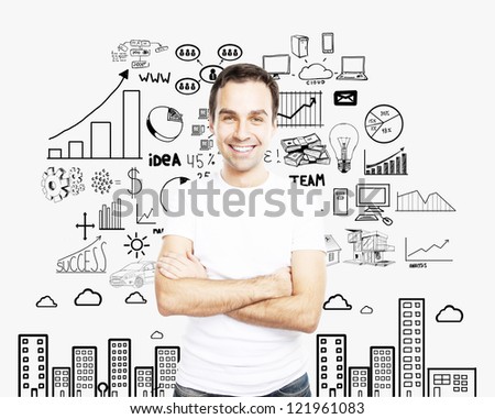 man in white tshirt and business concept background