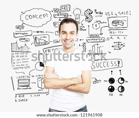 man smiling in white tshirt and business concept background