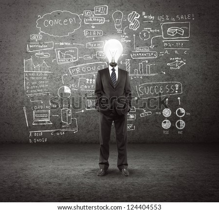 bulb headed man and business plan concept on wall