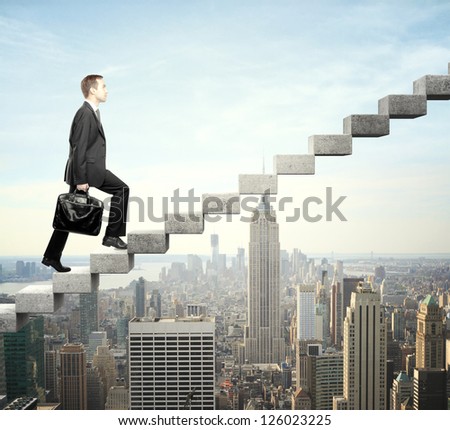 Businessman Stepping Up A Staircase And City