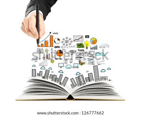 hand drawing business scheme and open book