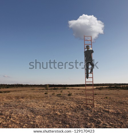 man climbing on ladder and white cloud