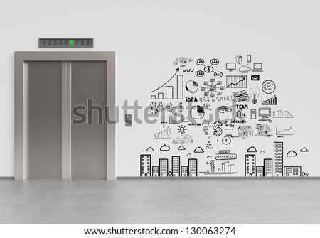 elevator with closed doors and drawing business plan