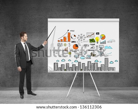 businessman  pointing at business plan on flip chart